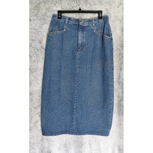 Vtg Vivaldi Jeanswear Denim Midi Skirt‎ Sz 14 Straight Pockets Modest Back Slit